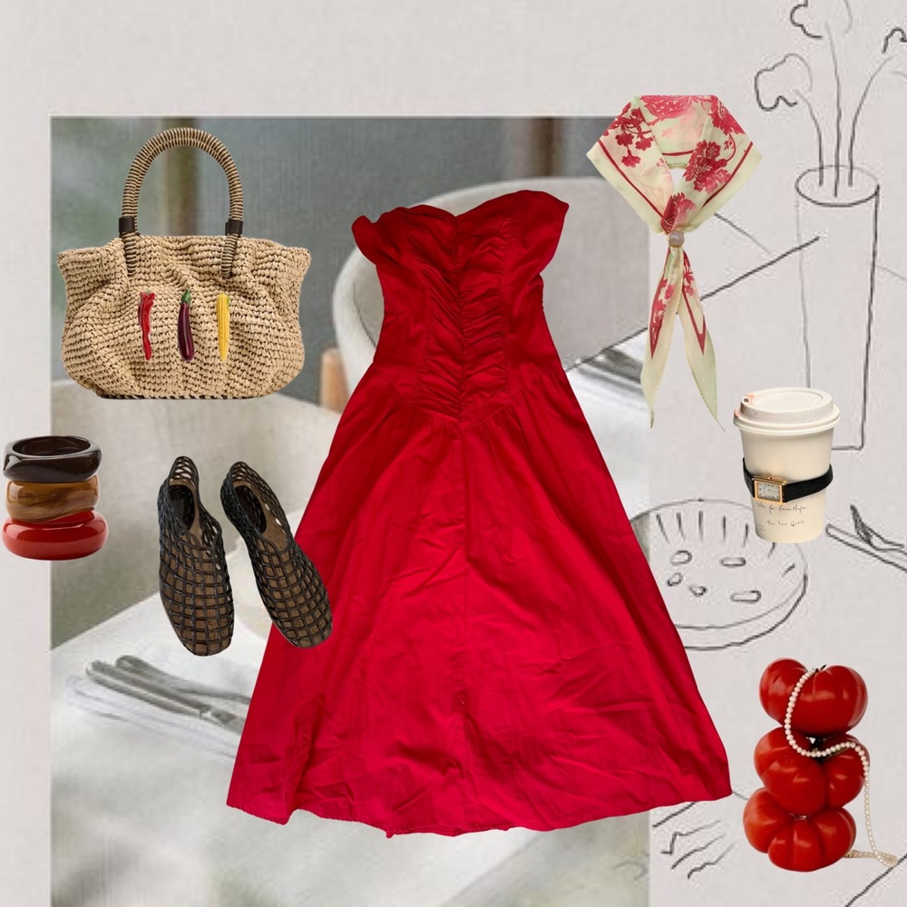 Vintage Nina Piccalino Red Strapless  Ruched Cotton Summer Dress